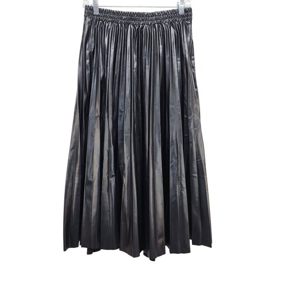 Max Studio London Black Pleated Faux Leather Midi Skirt Elastic Waist Size M - Picture 1 of 6